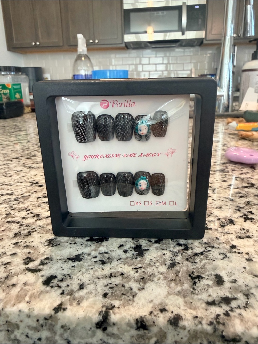 Perilla Black Textured Press-On Nails with Floral Accent
